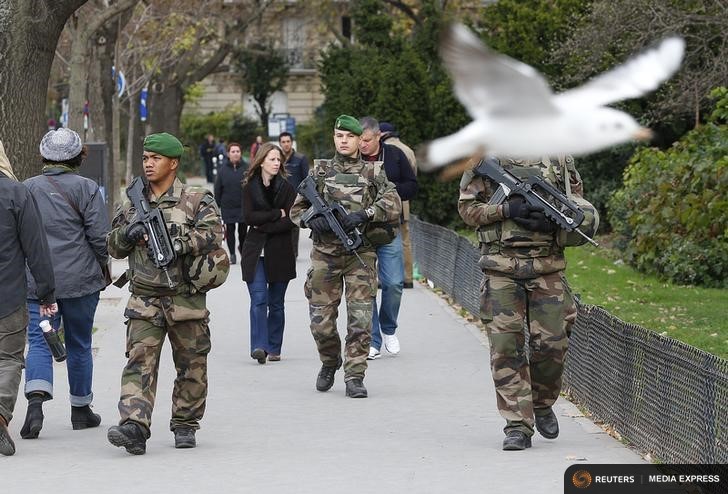 French military patrol near the Eiffel Tower the day after a series of deadly attacks in Paris