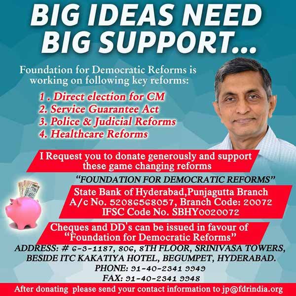 Lok Satta's JP seeks donations for FDR