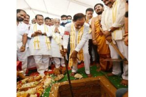 KCR lays foundation stone for TRS office in Delhi