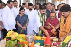 CM Revanth Reddy performs Bhoomi Puja for Telangana Thalli statue: